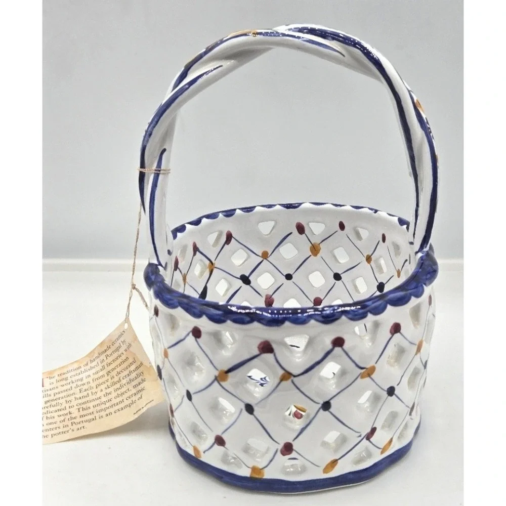 Vintage Portugal Hand Painted Reticulated Ceramic Basket Open Weave Figurine